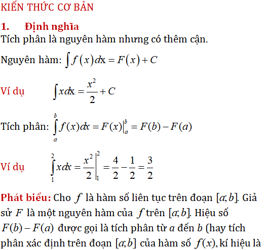 Tính tích phân theo công thức - Toán lớp 12