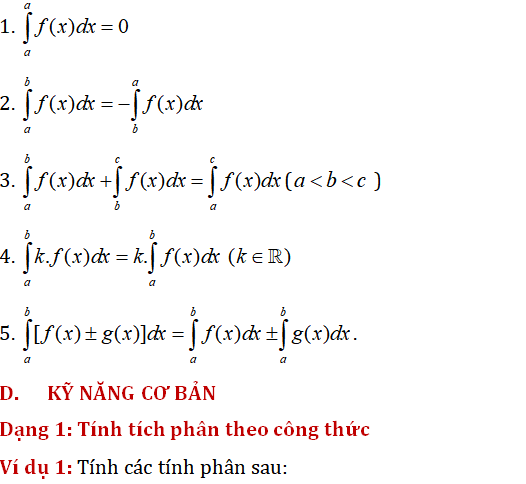 Tính tích phân theo công thức - Toán lớp 12