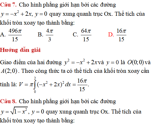 Ứng dụng của tích phân: Tính thể tích vật tròn xoay giới hạn bởi các đường (cơ bản) - Toán lớp 12