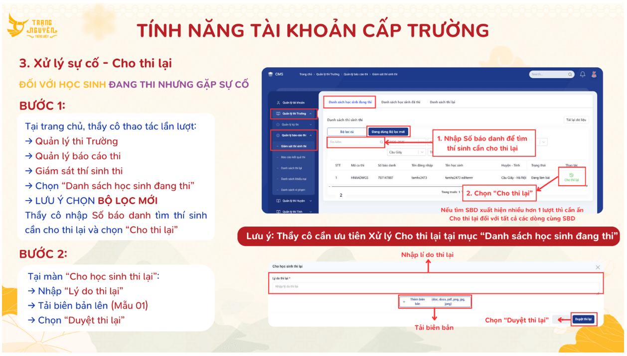 Hướng dẫn các bước xử lí sự cố, cho thi lại trong thi Trạng Nguyên Tiếng Việt cấp trường 2025-2026