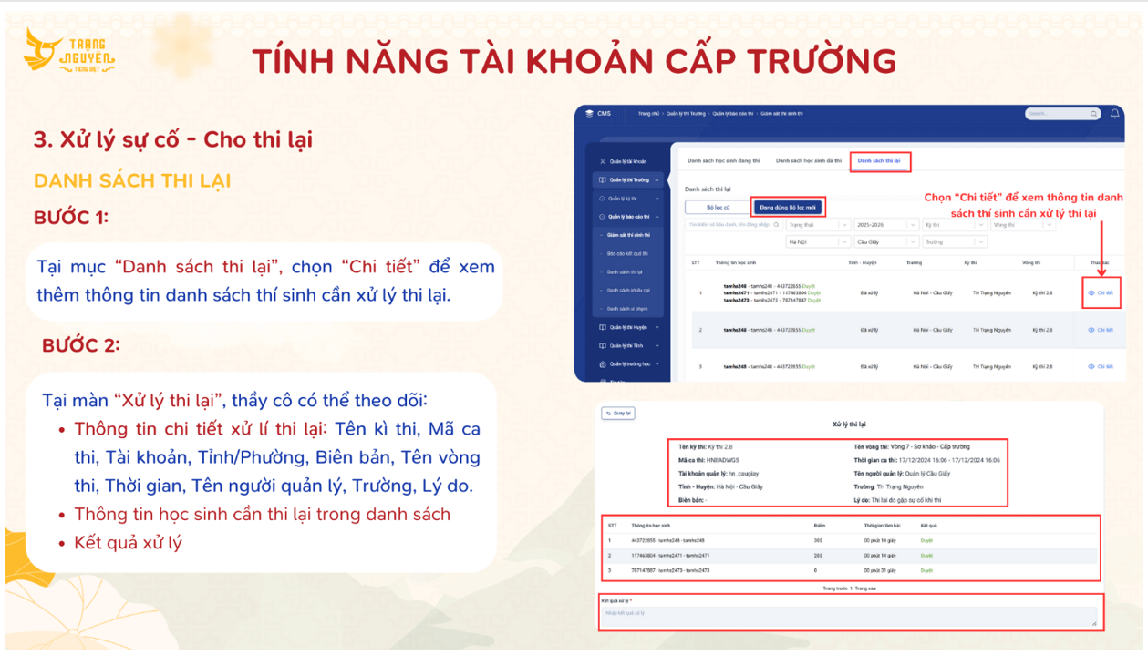 Hướng dẫn các bước xử lí sự cố, cho thi lại trong thi Trạng Nguyên Tiếng Việt cấp trường 2025-2026