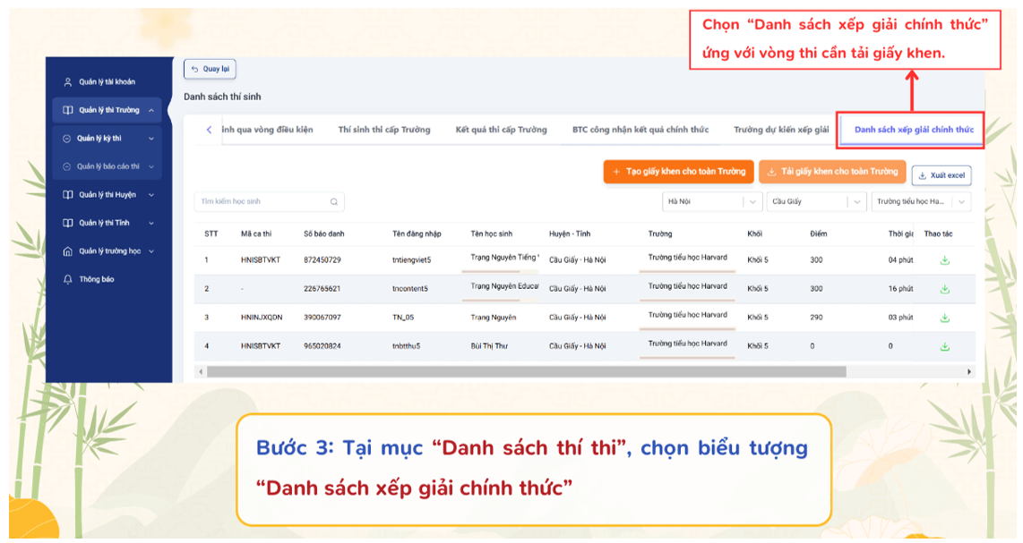 Hướng dẫn nhà trường tải giấy chứng nhận và giấy khen Vòng Sơ khảo cấp Trường 2025-2026