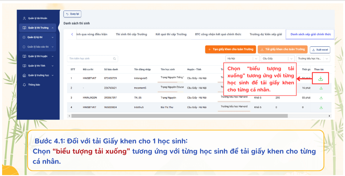 Hướng dẫn nhà trường tải giấy chứng nhận và giấy khen Vòng Sơ khảo cấp Trường 2025-2026