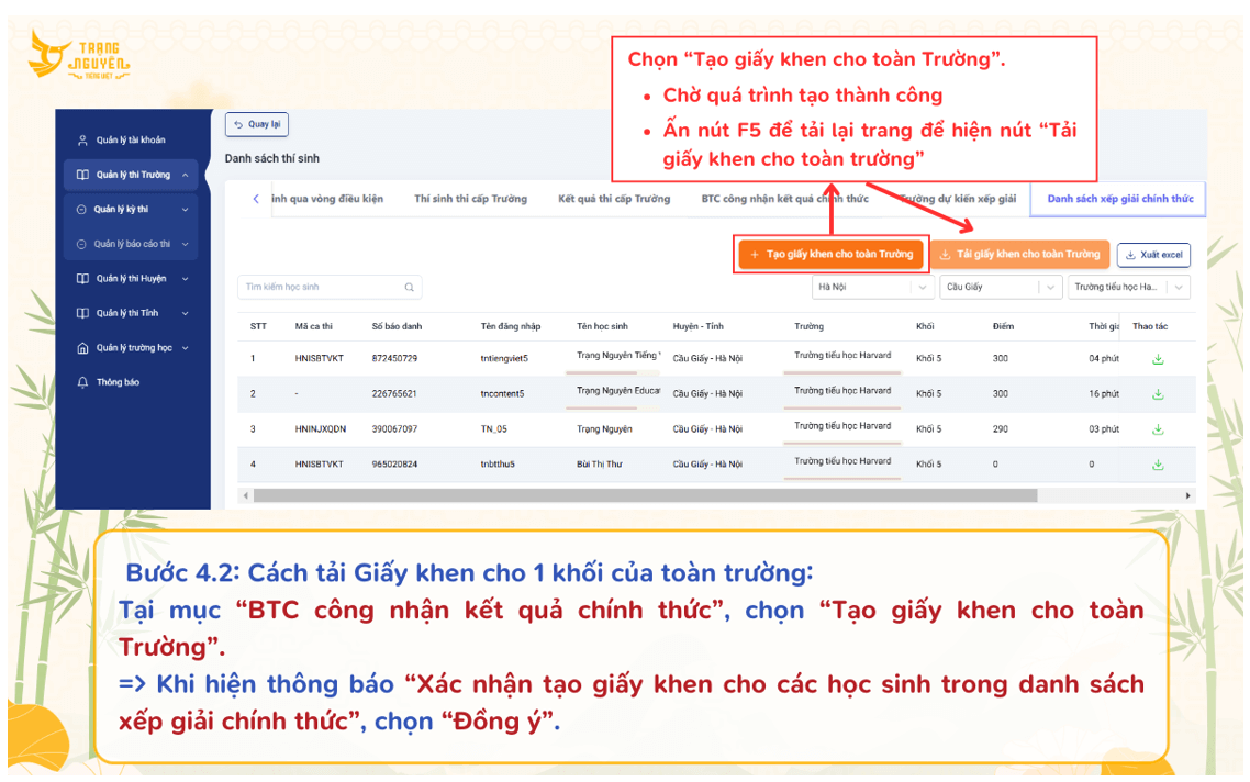 Hướng dẫn nhà trường tải giấy chứng nhận và giấy khen Vòng Sơ khảo cấp Trường 2025-2026
