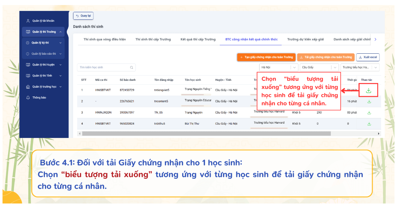 Hướng dẫn nhà trường tải giấy chứng nhận và giấy khen Vòng Sơ khảo cấp Trường 2025-2026