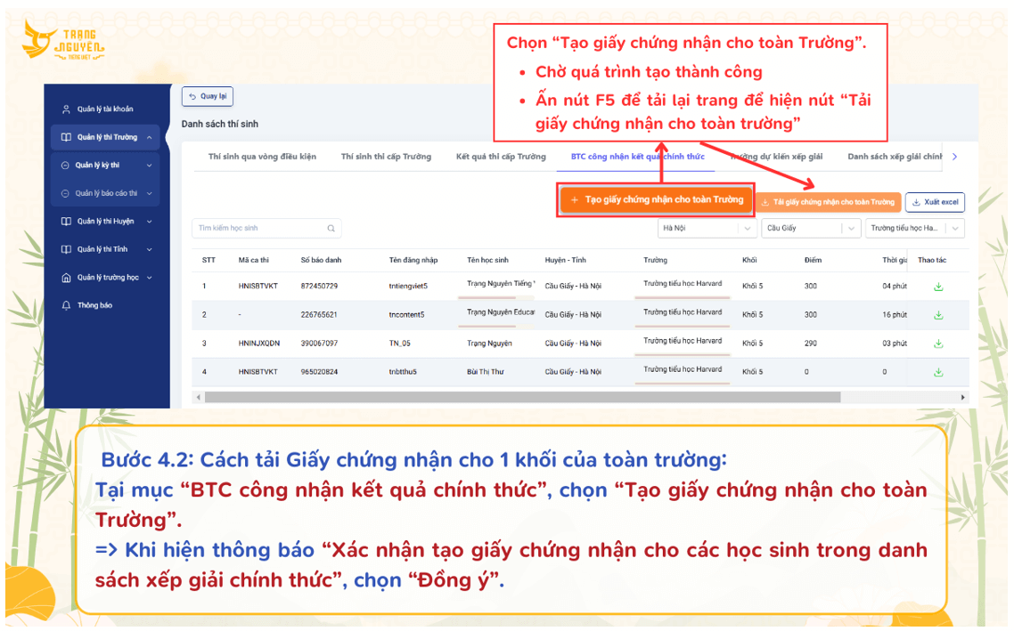 Hướng dẫn nhà trường tải giấy chứng nhận và giấy khen Vòng Sơ khảo cấp Trường 2025-2026