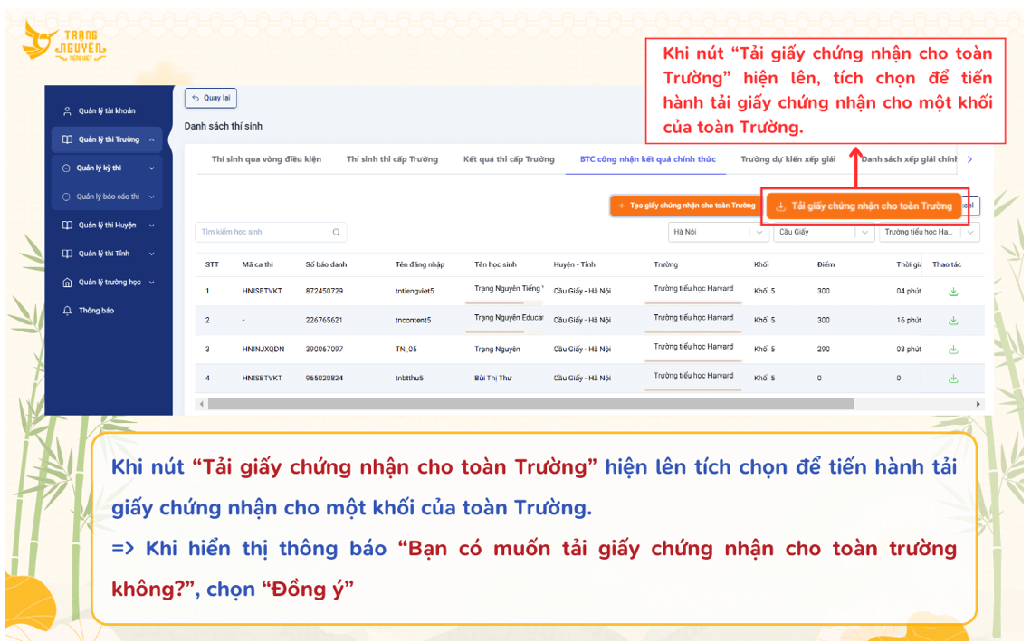Hướng dẫn nhà trường tải giấy chứng nhận và giấy khen Vòng Sơ khảo cấp Trường 2025-2026
