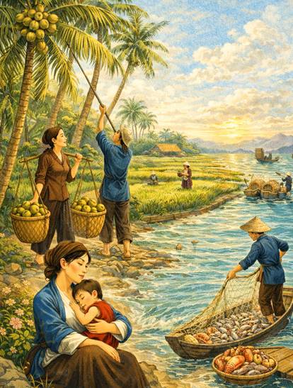 Ý nghĩa Bến Tre nước ngọt lắm dừa, Ruộng vườn màu mỡ biển thừa cá tôm (chi tiết nhất)