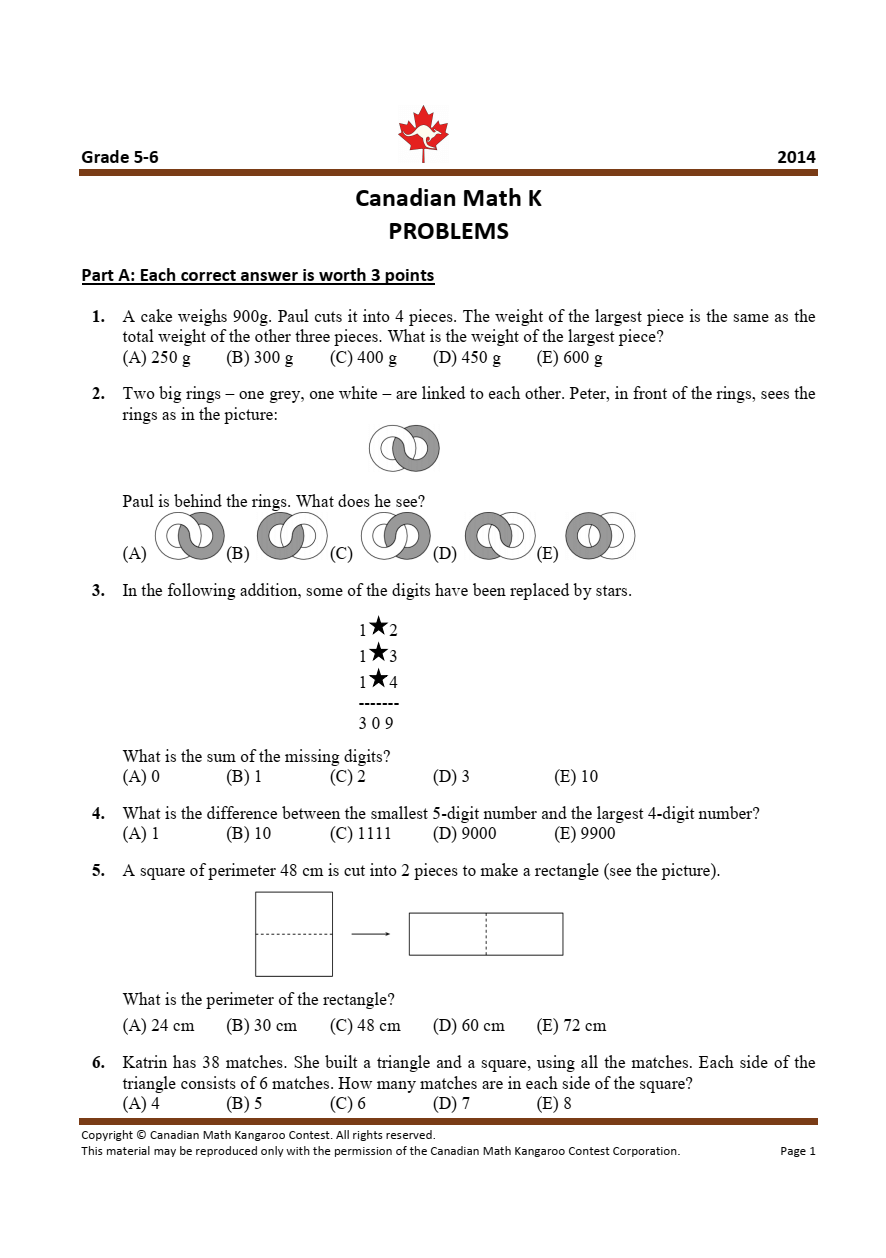 Đề thi Toán Kangaroo lớp 5, lớp 6 năm 2014