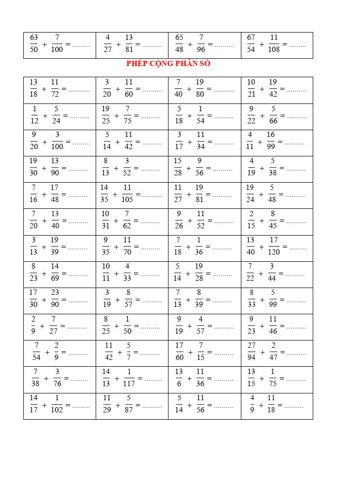 Phép cộng phân số lớp 4 (có lời giải)