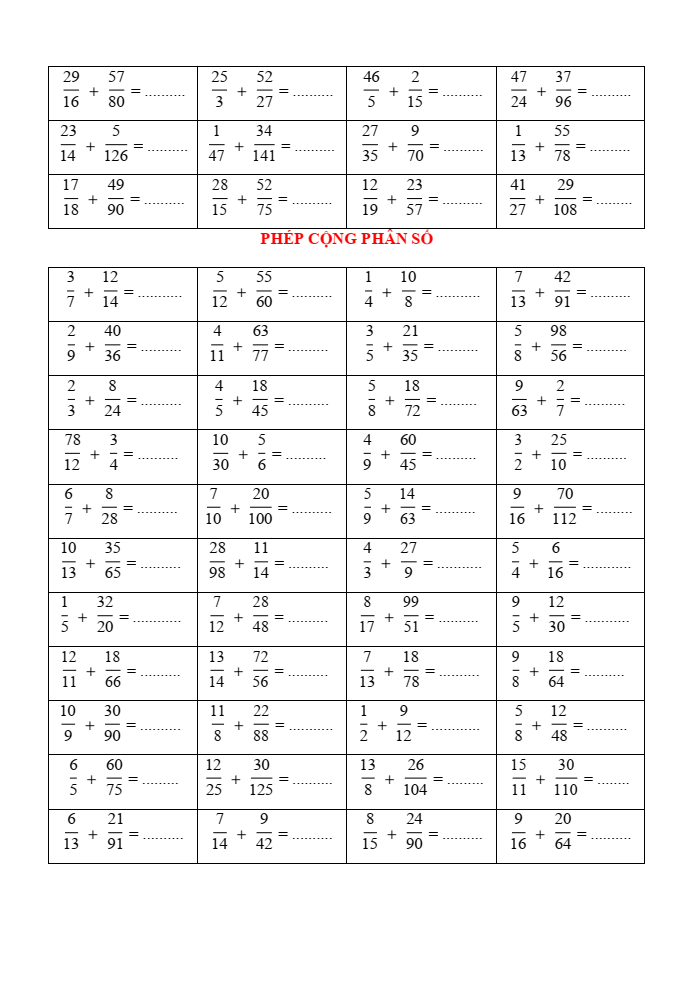 Phép cộng phân số lớp 4 (có lời giải)