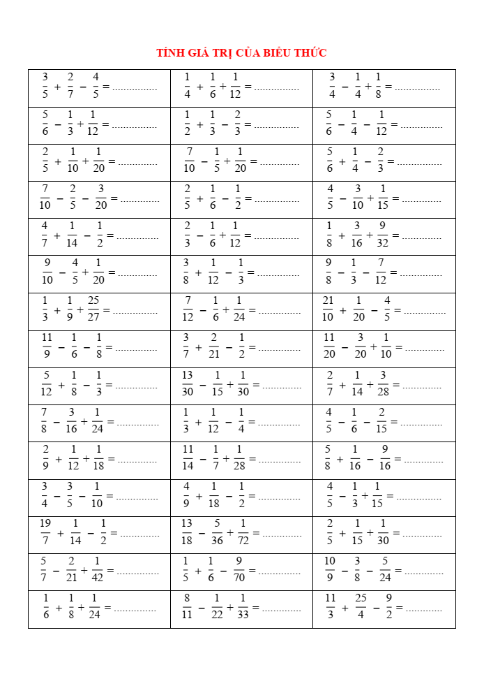 Tính giá trị của biểu thức phân số lớp 4 (có lời giải)