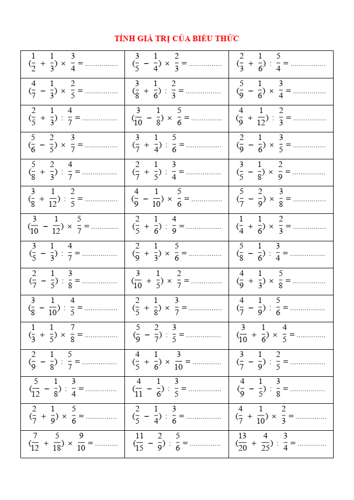 Tính giá trị của biểu thức phân số lớp 4 (có lời giải)