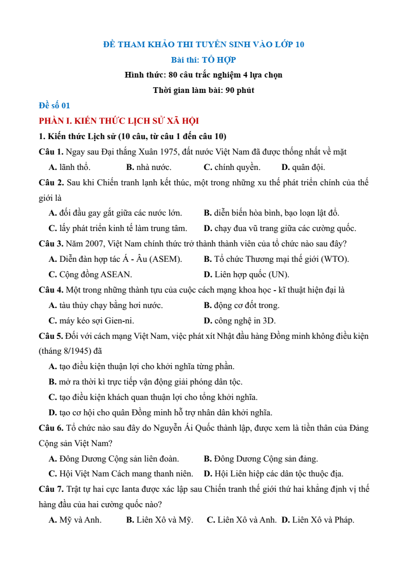 Đề minh họa thi vào 10 bằng tổ hợp Địa lí - Lịch sử - KHTN - Tiếng Anh - theo cấu trúc minh họa Sơn La