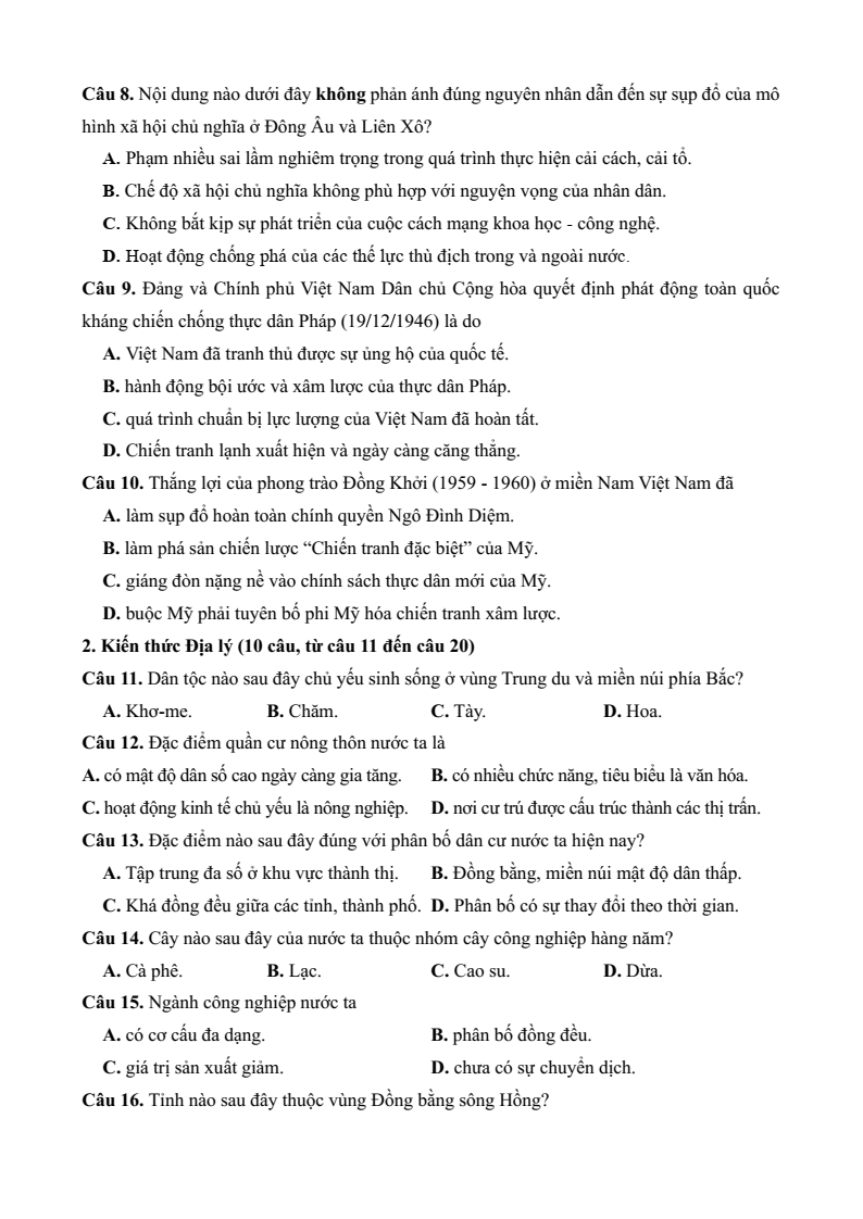 Đề minh họa thi vào 10 bằng tổ hợp Địa lí - Lịch sử - KHTN - Tiếng Anh - theo cấu trúc minh họa Sơn La