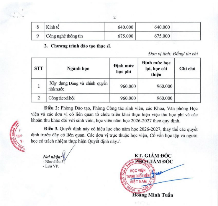 Học phí Học viện Thanh thiếu niên Việt Nam (năm 2026)