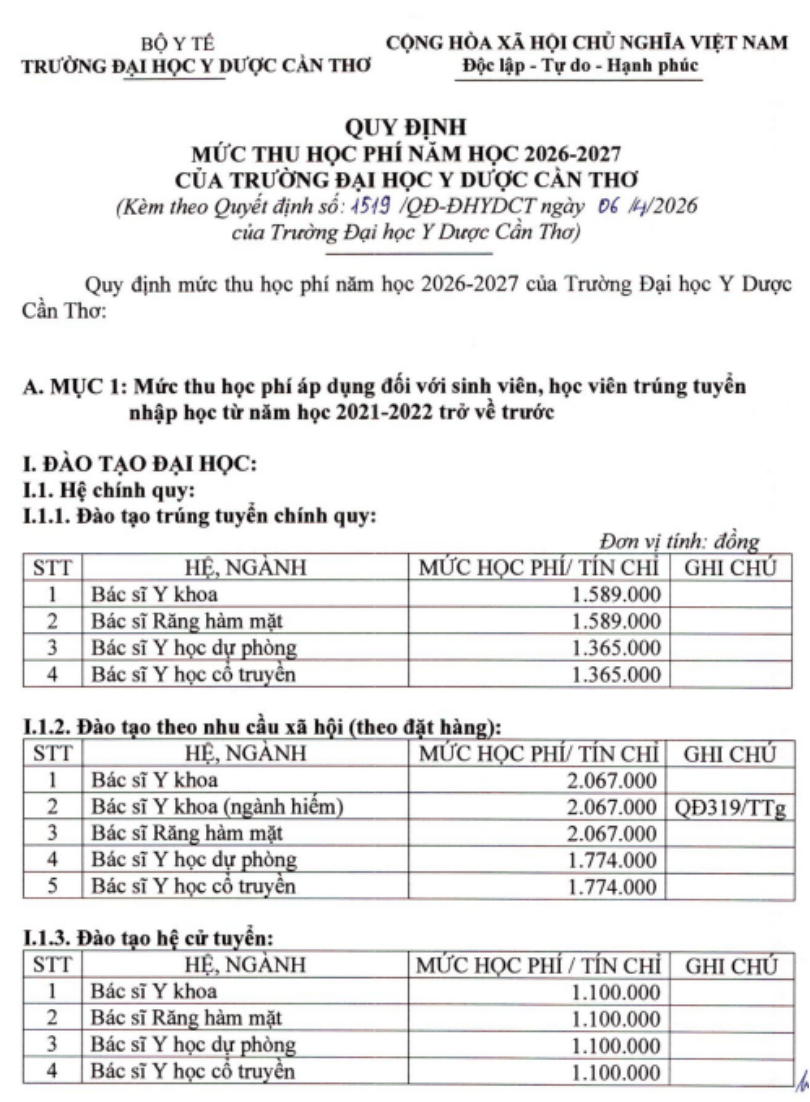 Học phí Trường Đại học Y dược Cần Thơ (năm 2026)