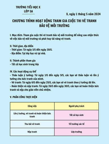 5+ Viết chương trình hoạt động tham gia cuộc thi vẽ tranh bảo vệ môi trường (điểm cao)
