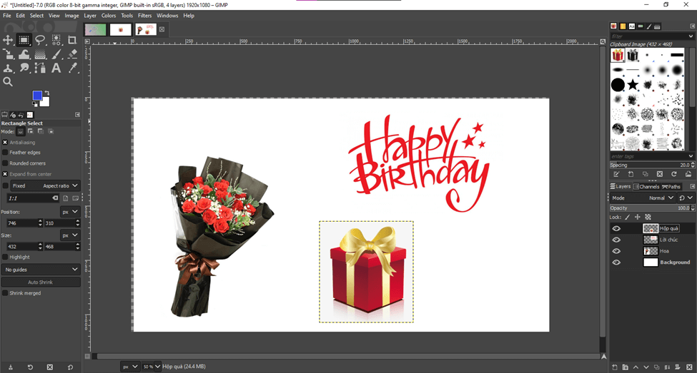 Tạo một thiệp chúc mừng sinh nhật, trong đó các ảnh nguồn (hộp quà và bó hoa) được tách khỏi nền