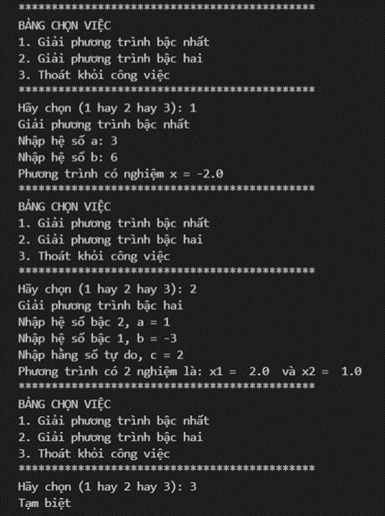 Chương trình cho trong Hình 1 nhằm tạo một bảng chọn việc, để người chạy chương trình chọn cho máy tính