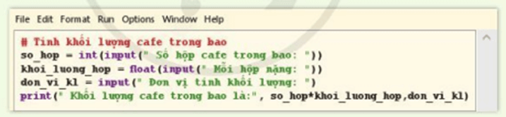 Đọc chương trình sau đây cho biết mỗi biến: so_hop, khoi_luong_hop, don_vi_kl chứa dữ liệu