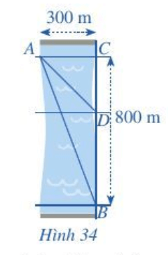 Một người đứng ở điểm A trên bờ sông rộng 300 m, chèo thuyền đến vị trí D