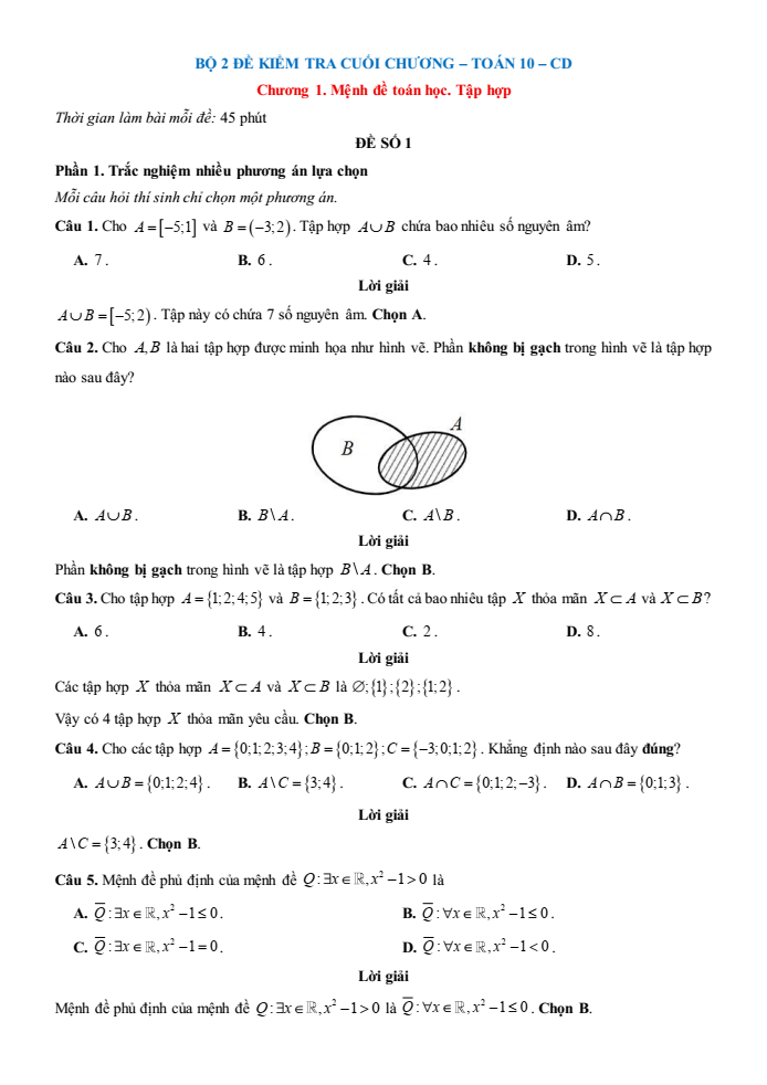 Đề kiểm tra Toán 10 Cánh diều Chương 1 (có lời giải)