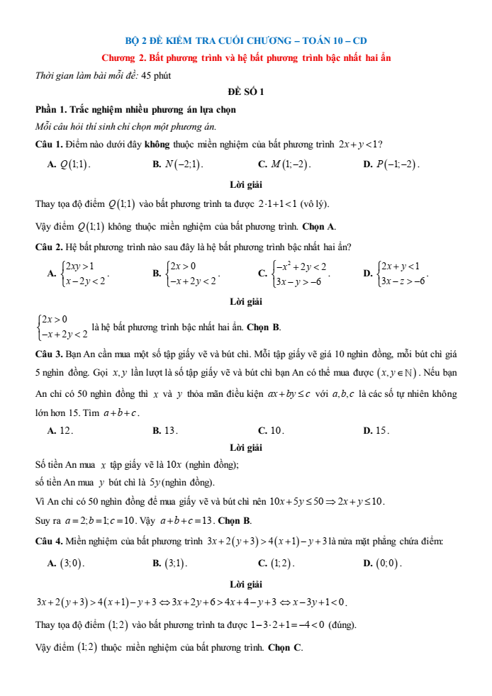 Đề kiểm tra Toán 10 Cánh diều Chương 2 (có lời giải)