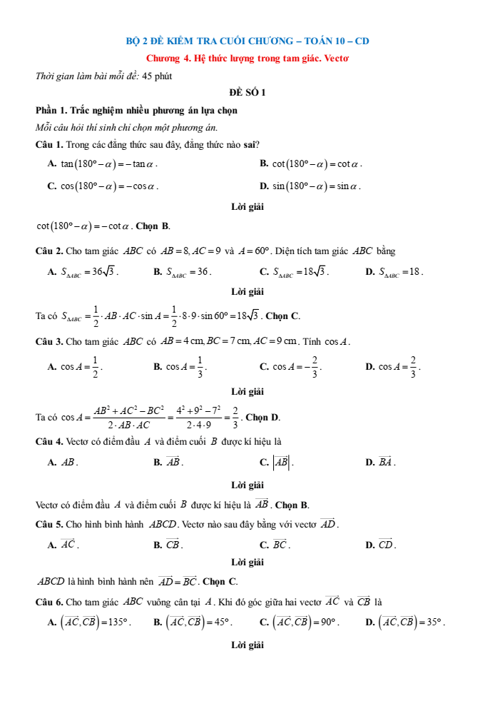 Đề kiểm tra Toán 10 Cánh diều Chương 4 (có lời giải)