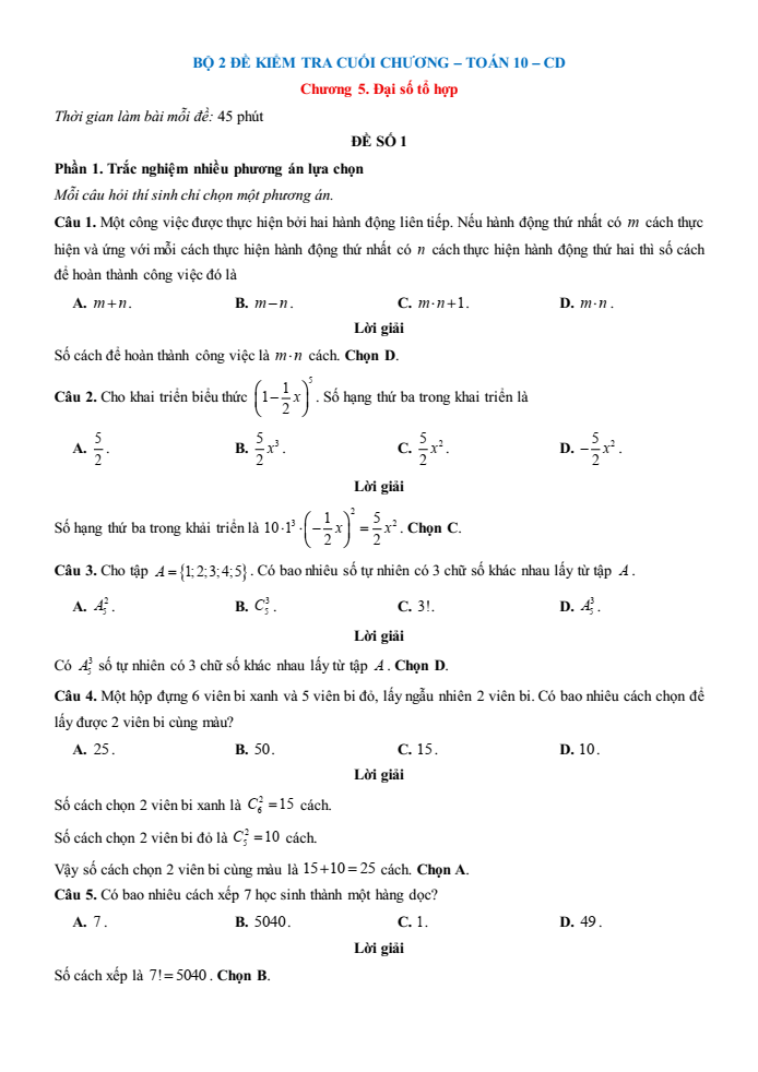 Đề kiểm tra Toán 10 Cánh diều Chương 5 (có lời giải)