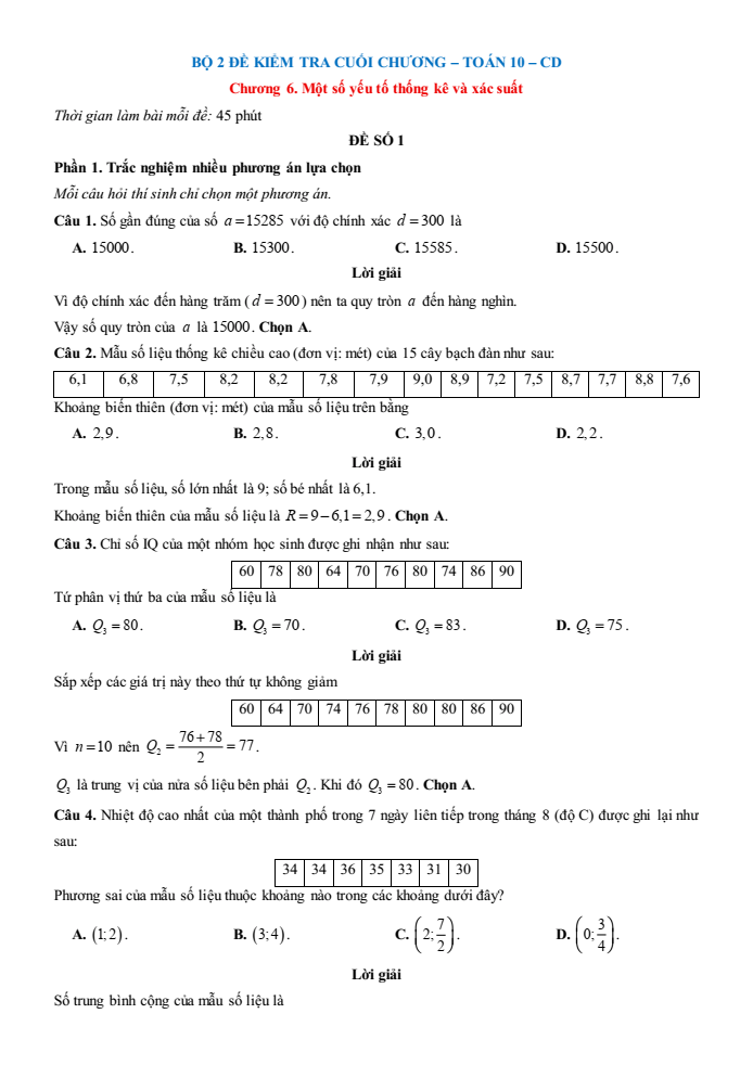 Đề kiểm tra Toán 10 Cánh diều Chương 6 (có lời giải)
