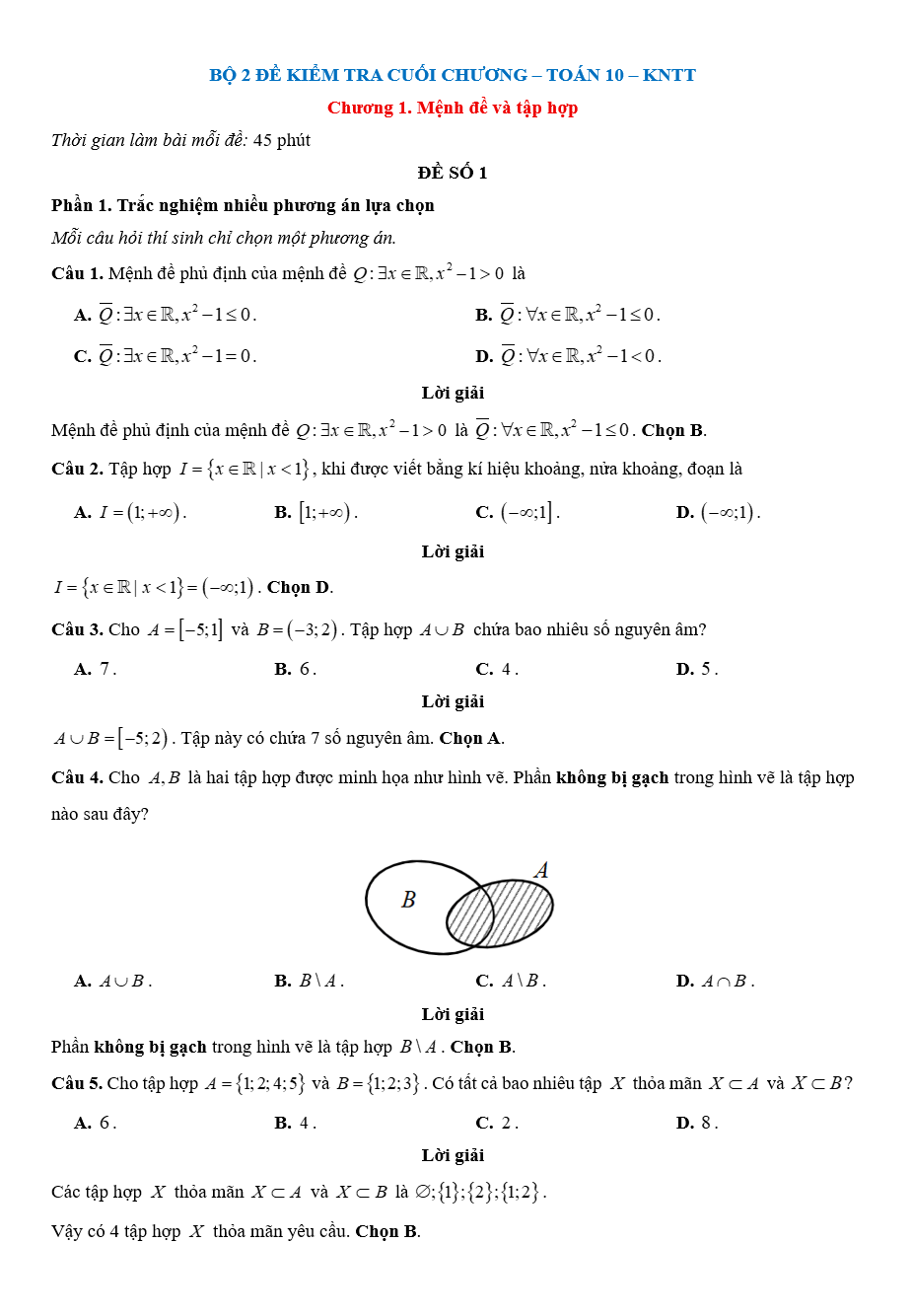 Đề kiểm tra Toán 10 Kết nối tri thức Chương 1 (có lời giải)