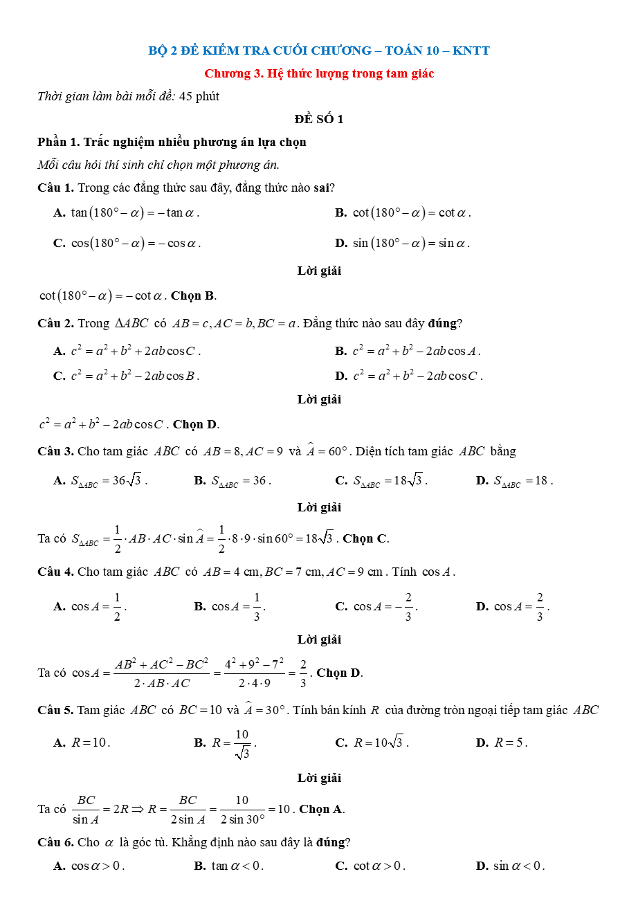 Đề kiểm tra Toán 10 Kết nối tri thức Chương 3 (có lời giải)