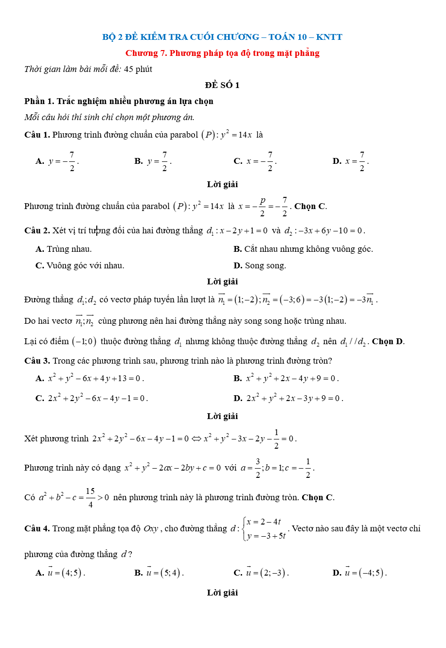 Đề kiểm tra Toán 10 Kết nối tri thức Chương 7 (có lời giải)