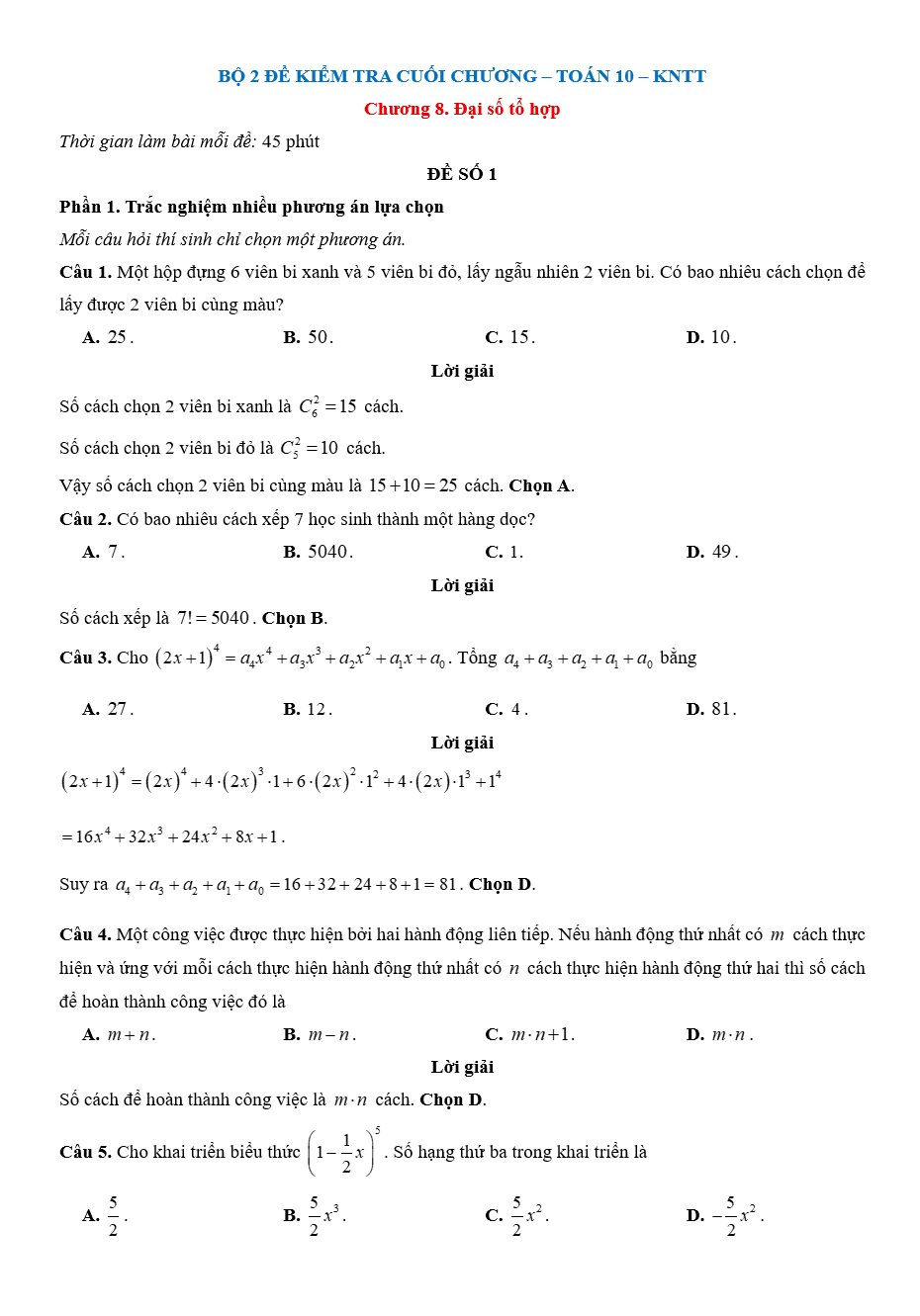 Đề kiểm tra Toán 10 Kết nối tri thức Chương 8 (có lời giải)