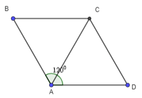 Cho hình thoi ABCD với cạnh có độ dài bằng 1 và góc BAD = 120 độ