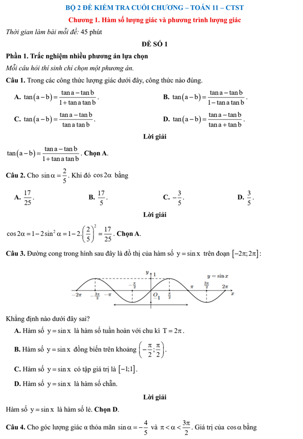 Đề kiểm tra Toán 11 Chân trời sáng tạo Chương 1 (có lời giải)