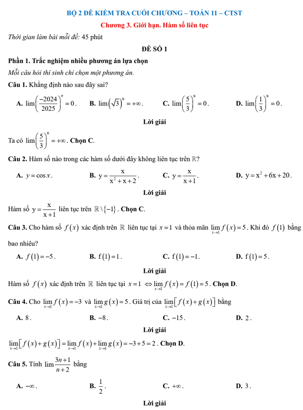 Đề kiểm tra Toán 11 Chân trời sáng tạo Chương 3 (có lời giải)