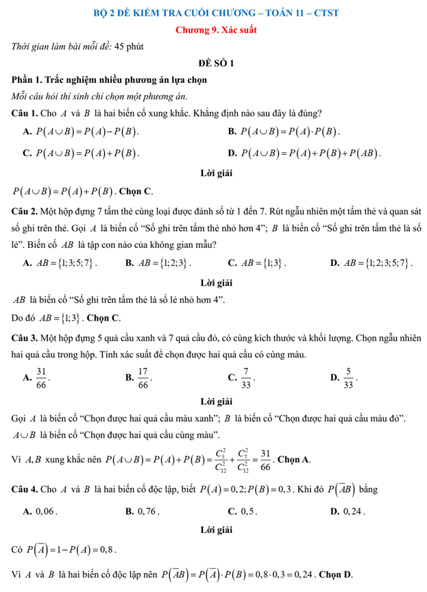 Đề kiểm tra Toán 11 Chân trời sáng tạo Chương 9 (có lời giải)