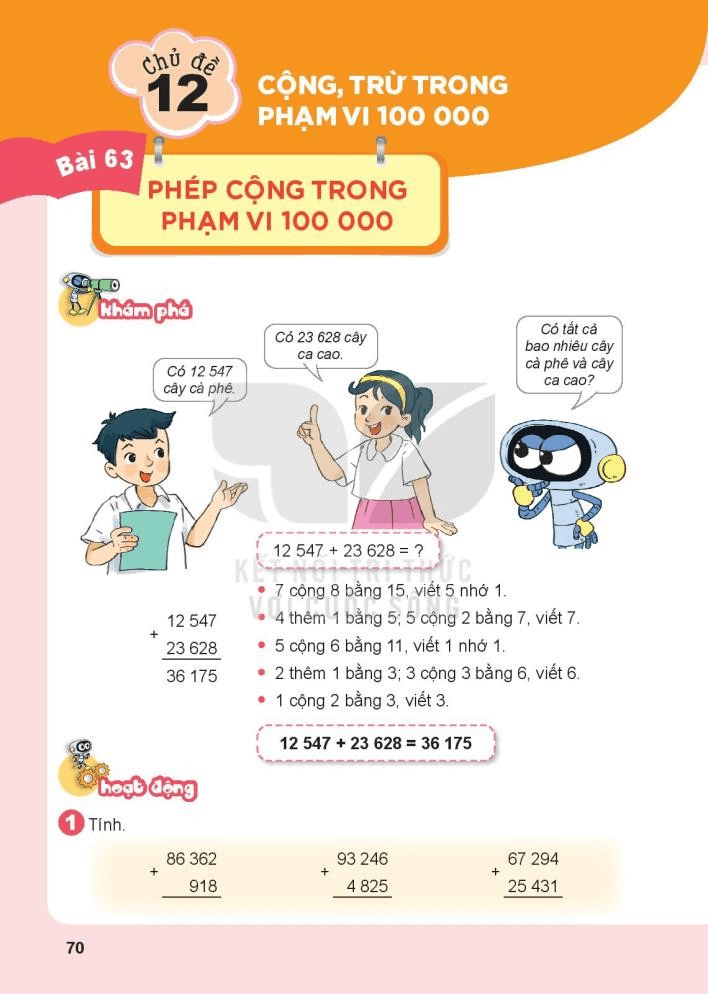 Toán lớp 3 Bài 63: Phép cộng trong phạm vi 100000 (trang 70, 71, 72 Tập 2) | Kết nối tri thức