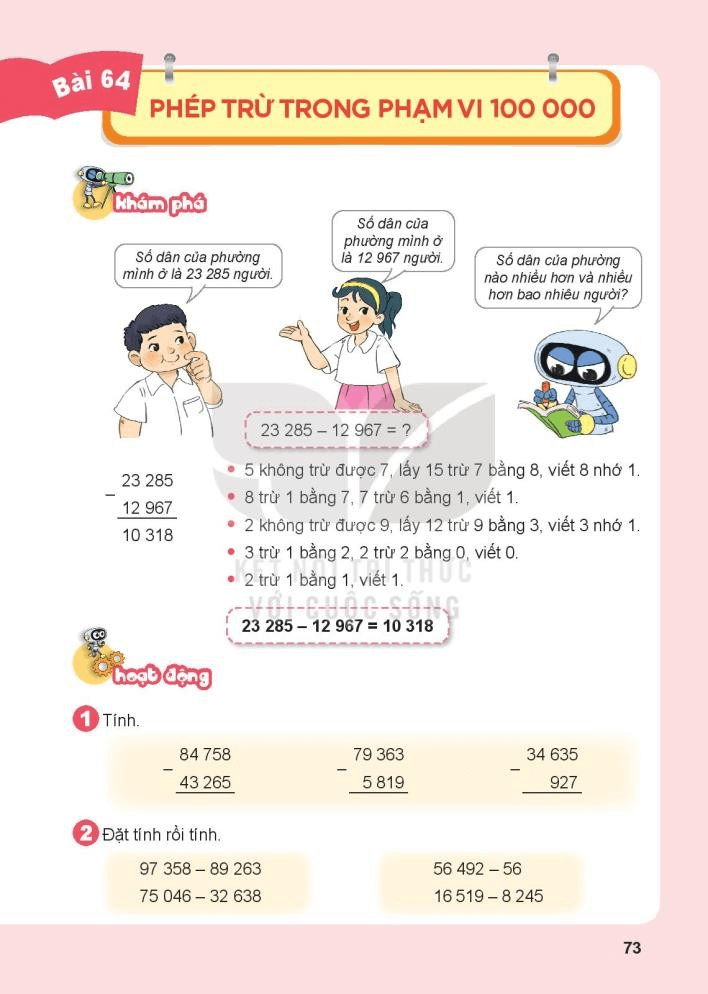 Toán lớp 3 Bài 64: Phép trừ trong phạm vi 100000 (trang 73, 74, 75 Tập 2) | Kết nối tri thức