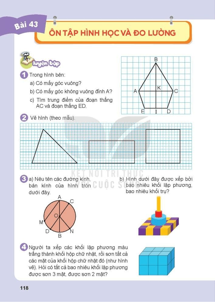 Toán lớp 3 Bài 43: Ôn tập hình học và đo lường (trang 118, 119) | Kết nối tri thức