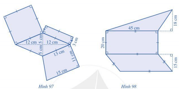 Quan sát Hình 97, Hình 98 và tính diện tích của phần tô xanh ở mỗi hình đó