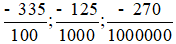 Viết các phân số -335/100; -125/1000; -270/1000000 dưới dạng