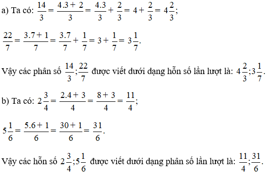 Viết mỗi phân số sau thành hỗn số: 14/3; 22/7