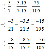 Quy đồng mẫu các phân số sau: 5/7;-3/21;-8/15