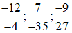 Rút gọn các phân số sau: -12/-4; 7/-35; -9/27