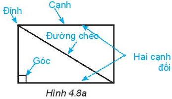 Quan sát hình chữ nhật ở Hình 4.8a. Nêu tên đỉnh, cạnh, đường chéo