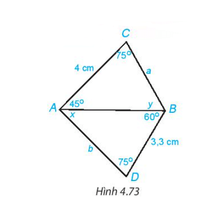 Cho Hình 4.73. Hãy tìm số đo x, y của các góc và độ dài a, b của các đoạn thẳng trên hình vẽ