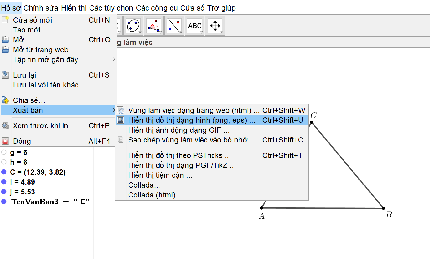 Em hãy trình bày các bước dùng phần mềm Geogebra để vẽ tam giác ABC có